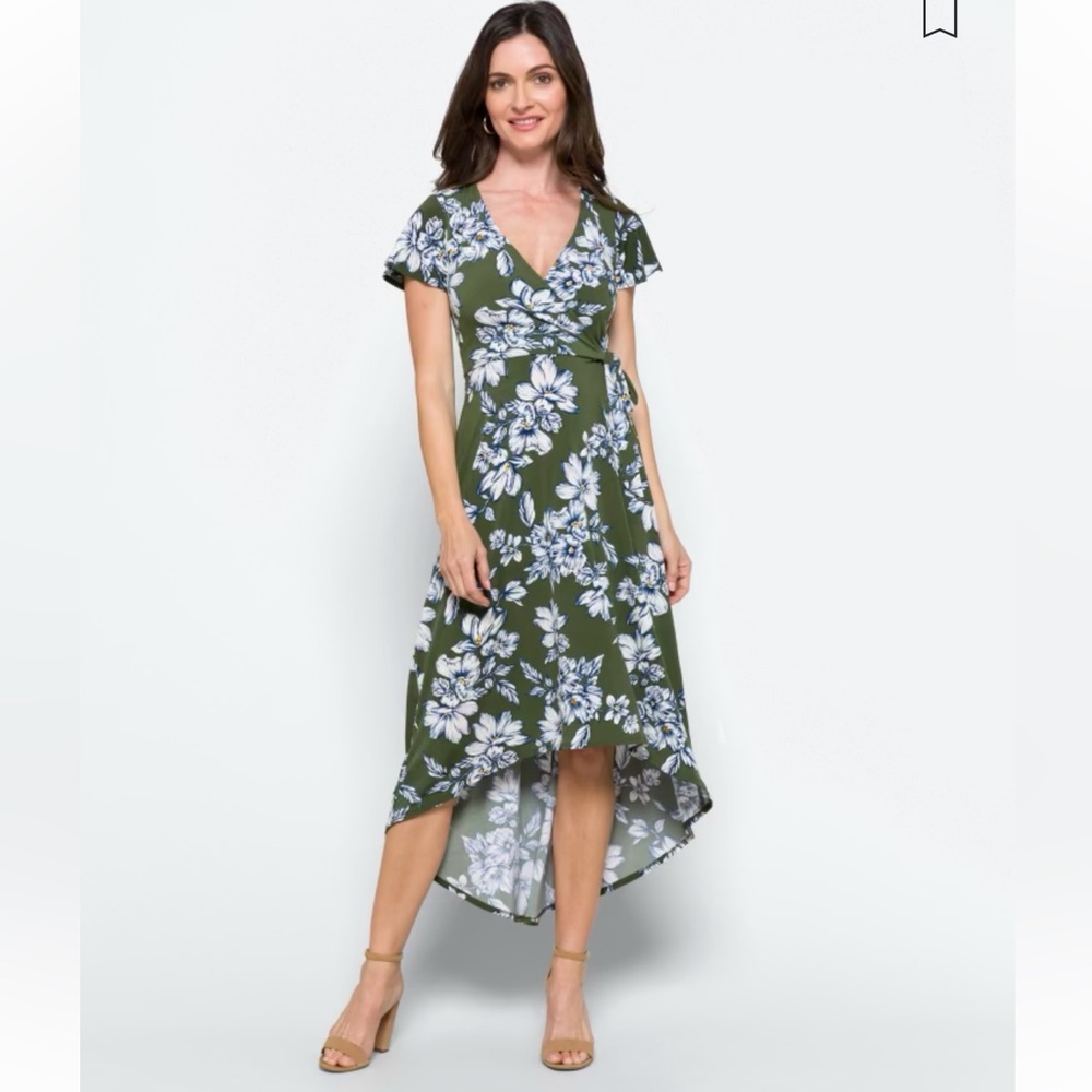 FORTUNE + IVY Maxi Dress, hi-low hem, flutter sleeve, faux wrap